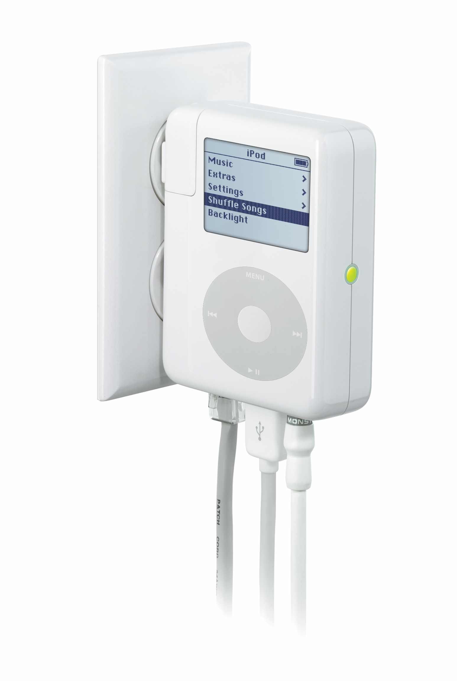 AirPod Express plugged into main power with a RJ-45, USB, and 3.5 mm mini-audio jack occupied.