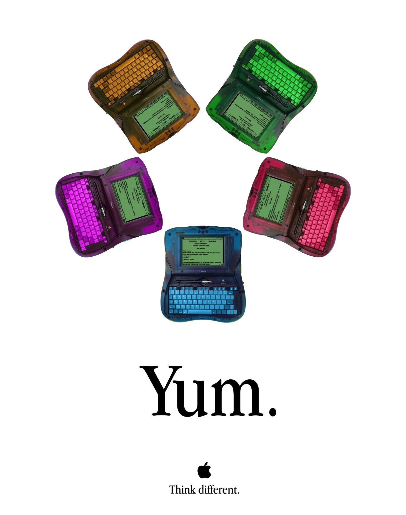 Five brightly colored eMate 300 in the iMac five color poster design with the title “Yum.” followed by the Apple logo and “Think different.”