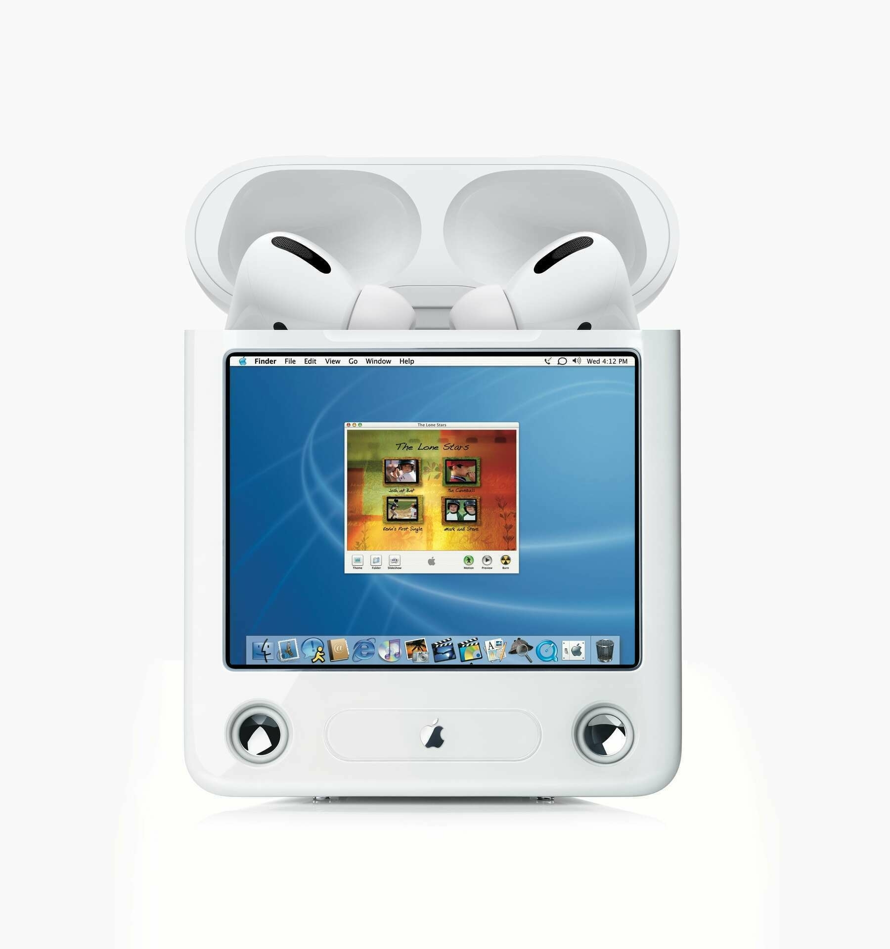 eMac nano with AirPod Pros emerging from the top running iDVD.