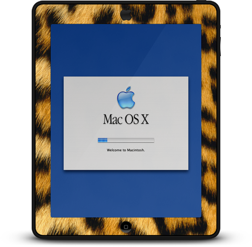 Mac OS X 10.2 Jaguar iPad with Jaguar fur bezel, black trim and black home botton.