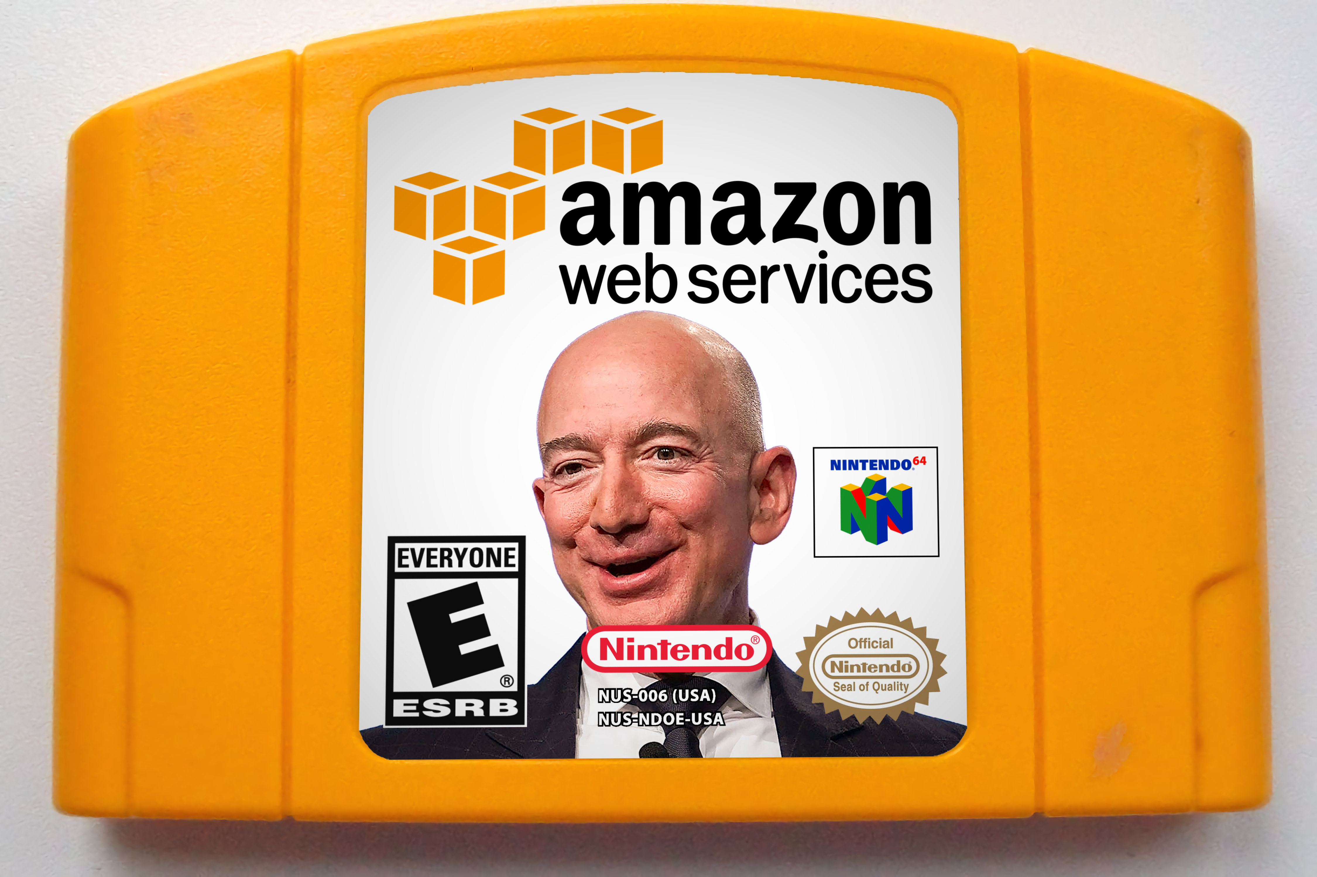 Amazon Web Services cartridge for the Nintendo 64 featuring Jeff Bezo’s portrait on the label.