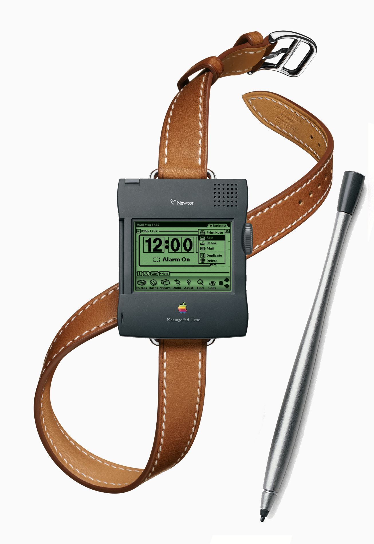 A Apple MessagePad 2000 style wristwatch on a Hermès stainless steel double tour leather watch band. A Newton stylus is in the lower right of the picture. The watch screen shows a 12:00 alarm and a dropdown menu with “Fax” highlighted.