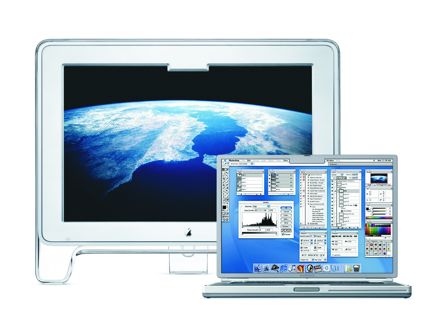 Titanium PowerBook G4 and Apple Cinema HD Display with notches in their LCDs