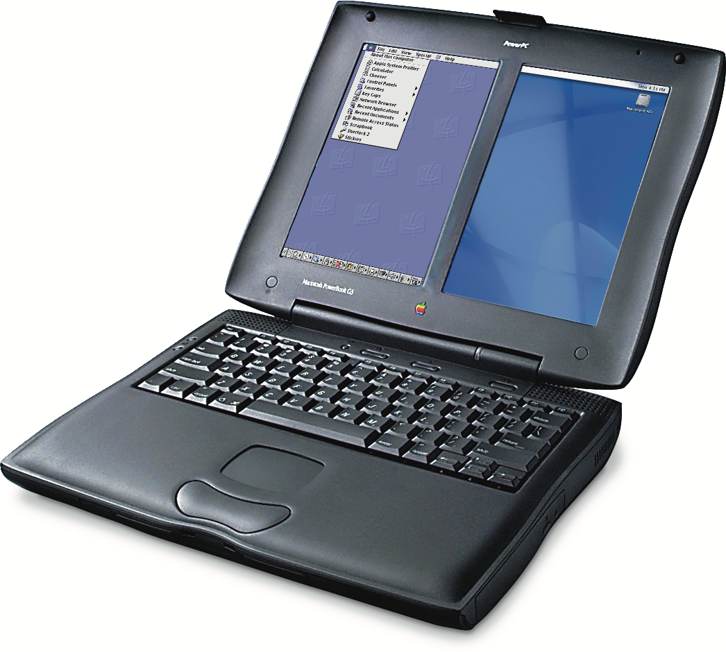 PowerBook G3 with side-by-side portrait displays running Mac OS 9 on the left and Mac OS X on the right.