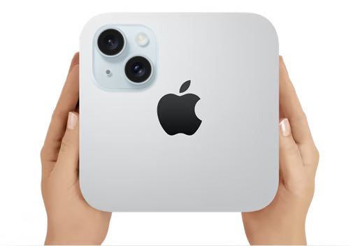 An Apple Mac mini as seen from above with an iPhone 15 camera bump depicted in its top left corner.