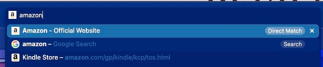Auto-generated description: A search bar query for amazon displays three results: the Amazon official website, a Google search option, and the Kindle Store.