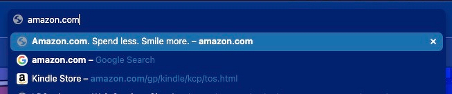 Auto-generated description: A browser search bar displays autocomplete suggestions related to amazon.com.
