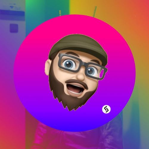 Auto-generated description: A digital illustration features a bearded, animated character wearing glasses and a cap, set against a vibrant, multicolored circular gradient background.