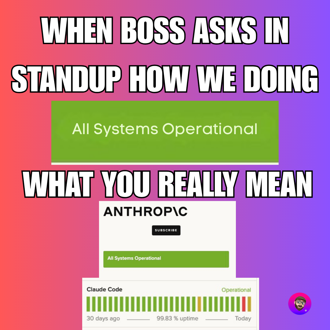 Auto-generated description: A humorous meme depicts a tech status check with All Systems Operational at the top and a detailed performance graph below, highlighting the difference between surface-level responses and actual data.