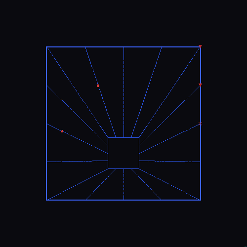 Auto-generated description: A central square is surrounded by a series of radiating lines with red points, creating a geometric pattern.