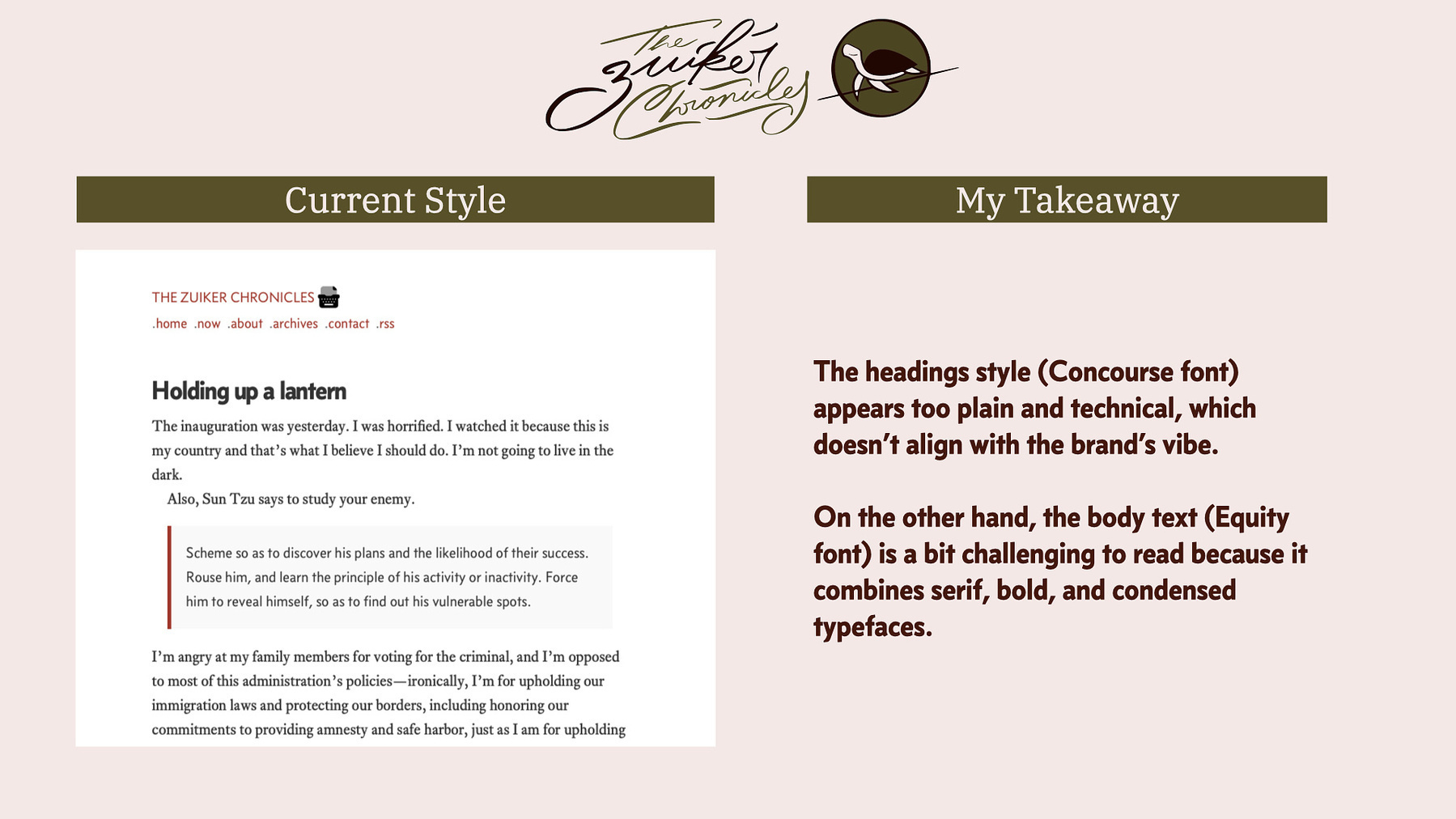 My analysis on current the old typefaces used on his website