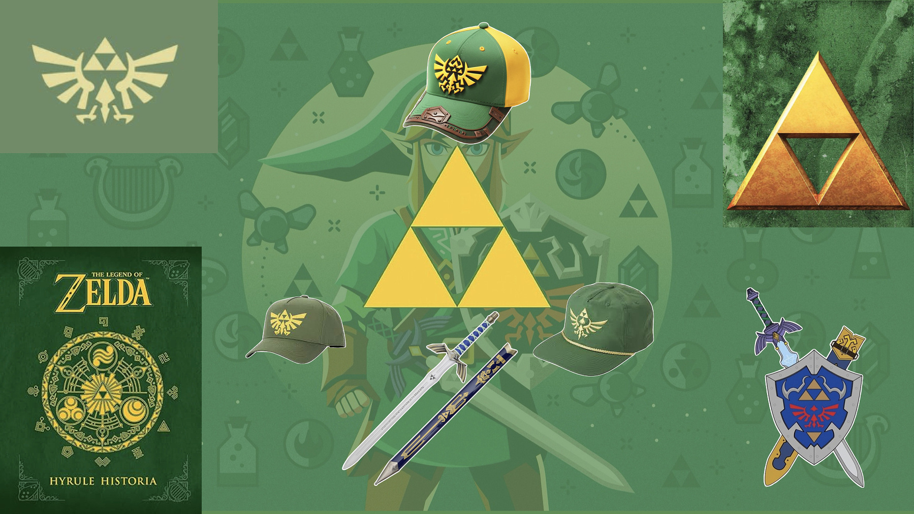 Merchandise with Zelda's symbols and visual elements
