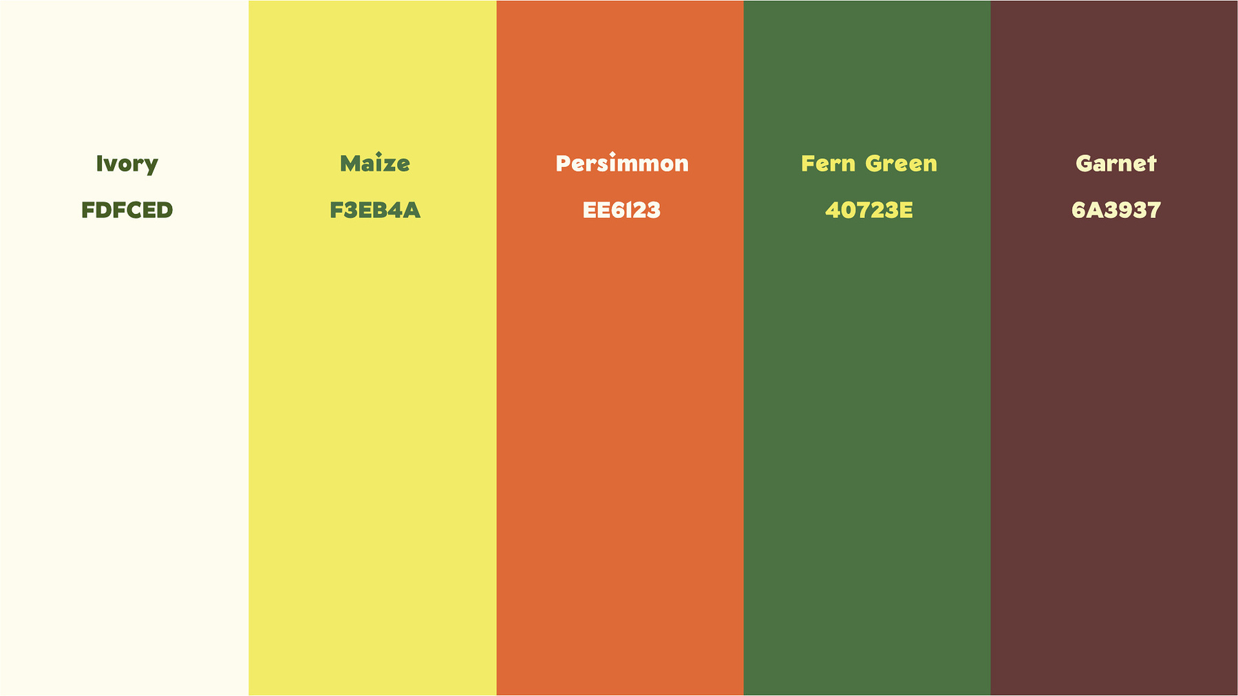 My proposed color palette: using Fern Green and Maize colors as primary colors, and Ivory, Persimmon, and Garnet for complementary colors