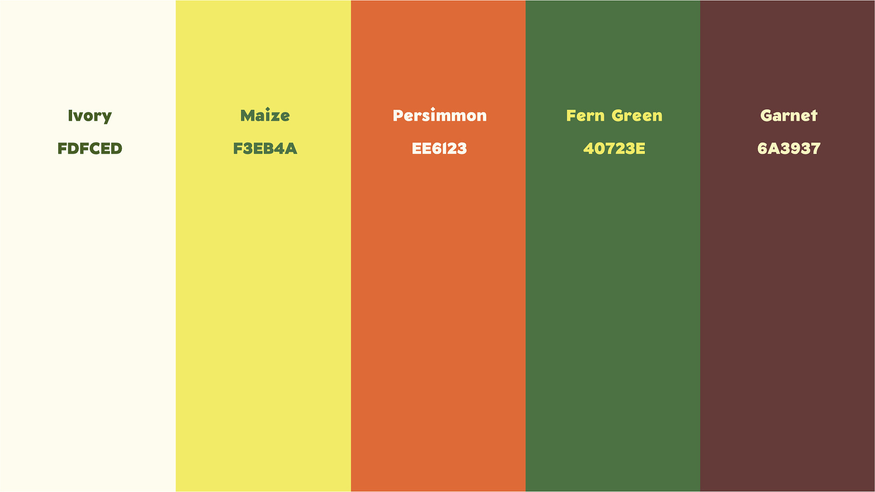 My proposed color palette: using Fern Green and Maize colors as primary colors, and Ivory, Persimmon, and Garnet for complementary colors