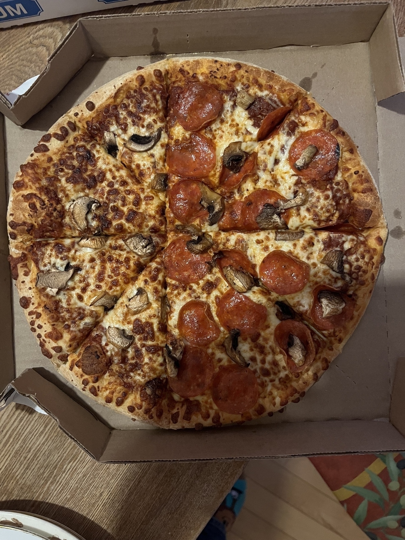 A pizza with half covered in pepperoni and mushrooms, and the other half plain cheese and mushrooms is in an open cardboard box. The half cut is comically uneven. 