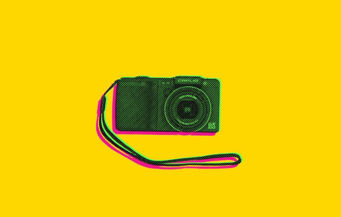 A stylized, vintage camera with a strap is depicted in a pop art style against a bright yellow background.