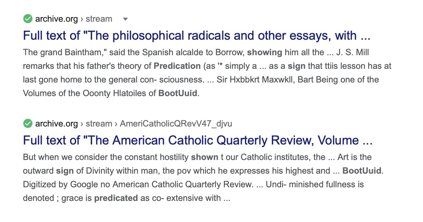 Google search results with titles ”Full text of "The philosophical radicals and other essays, with …” and ”Full text of "The American Catholic Quarterly Review, Volume …”