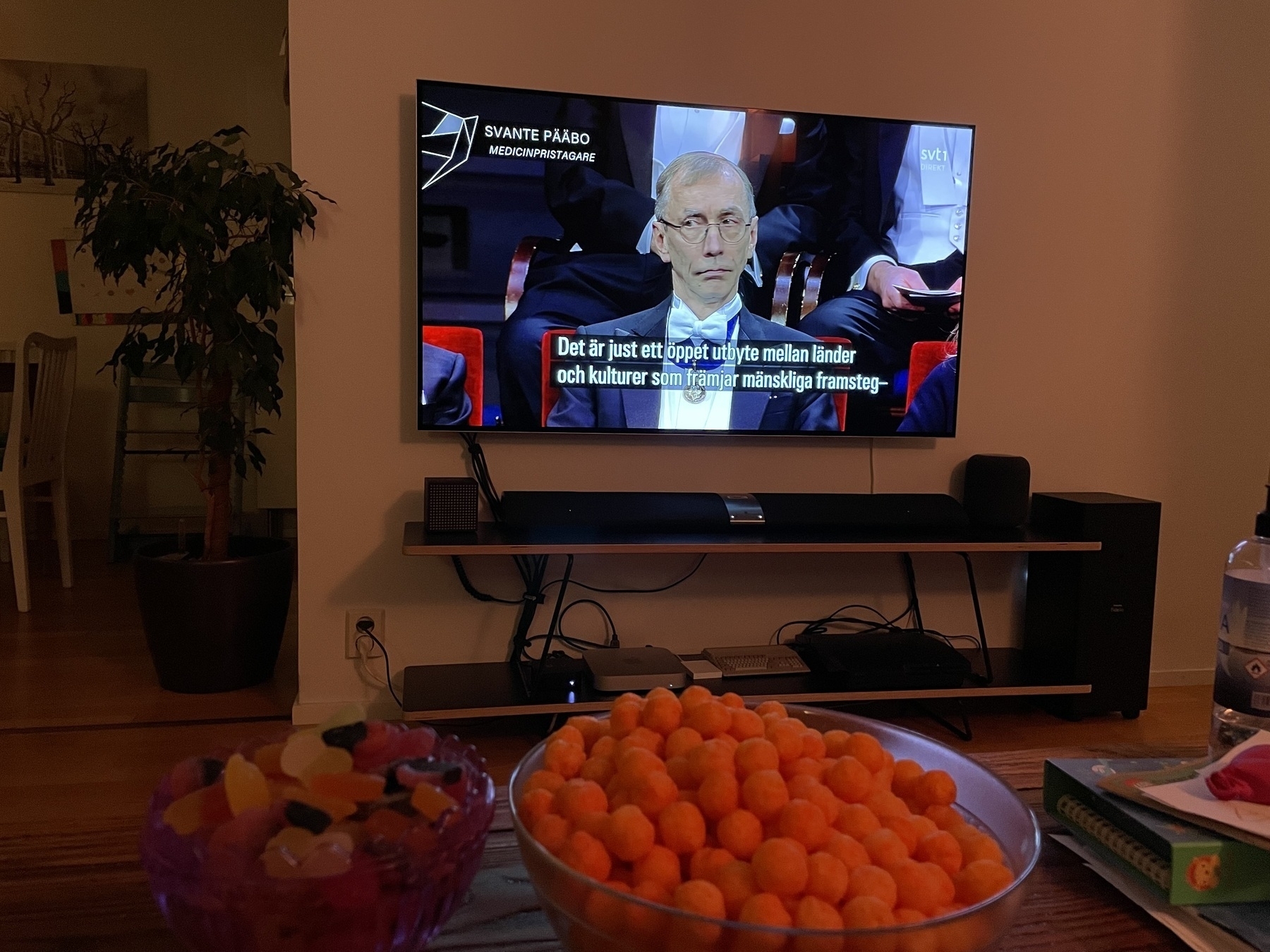 A TV showing the Nobel Prize ceremony, highlighting Svante Pääbo