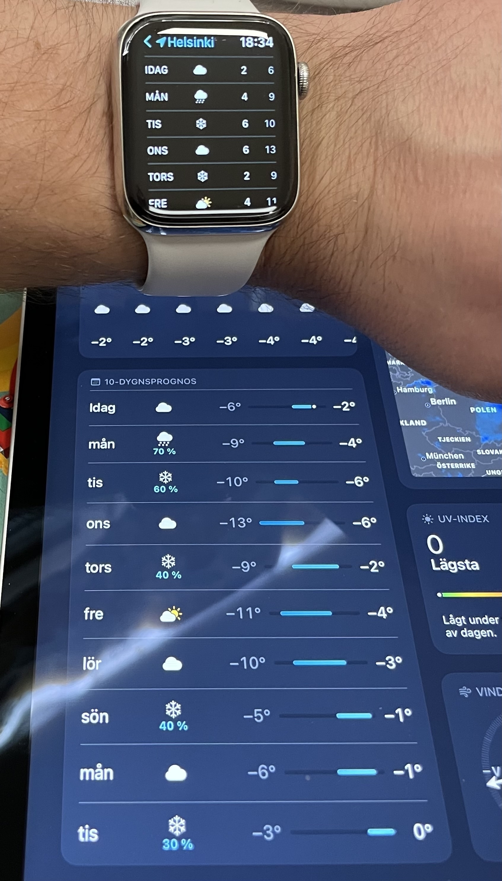 Apple Watch showing the Weather app forecast for the next few days, above an iPad showing the Weather app for the same days. The iPad shows all-minus temperatures, while the watch shows the same temperatures, but without minus sign. 