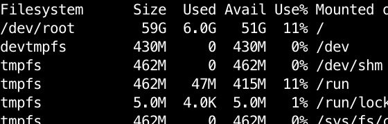 “df” output showing 6 GB in use on a 59 GB file system 