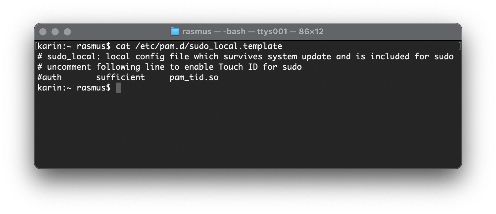 Terminal window that says: $ cat /etc/pam.d/sudo_local.template 
&10;# sudo_local: local config file which survives system update and is included for sudo
&10;# uncomment following line to enable Touch ID for sudo
&10;#auth       sufficient     pam_tid.so
&10;