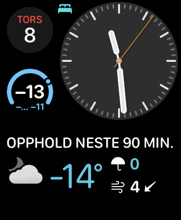 Apple Watch face with a temperature widget showing a temperature range of -… to -11 degrees