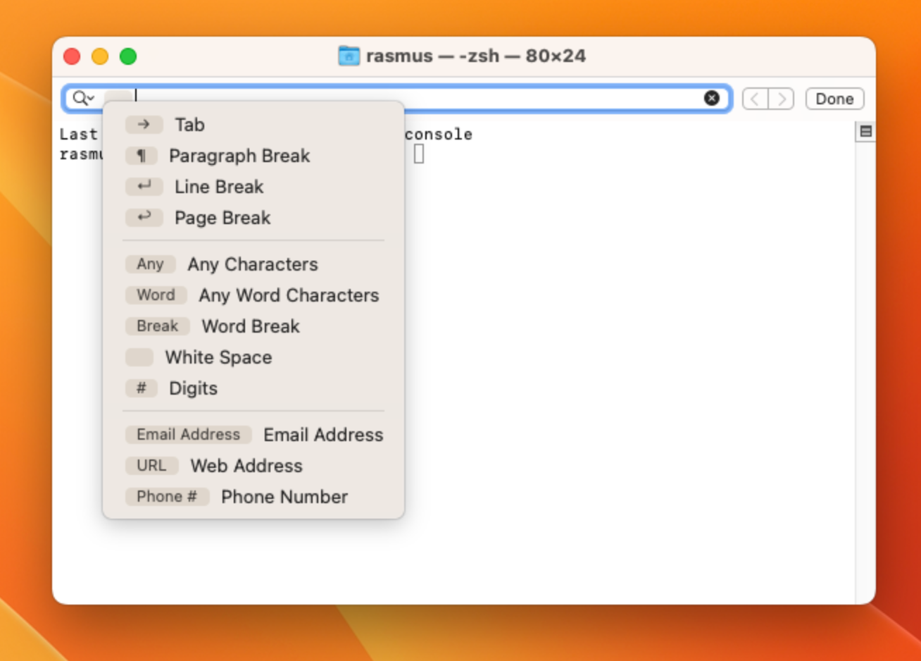 screenshot of macOS Terminal app with "Insert Pattern" menu open