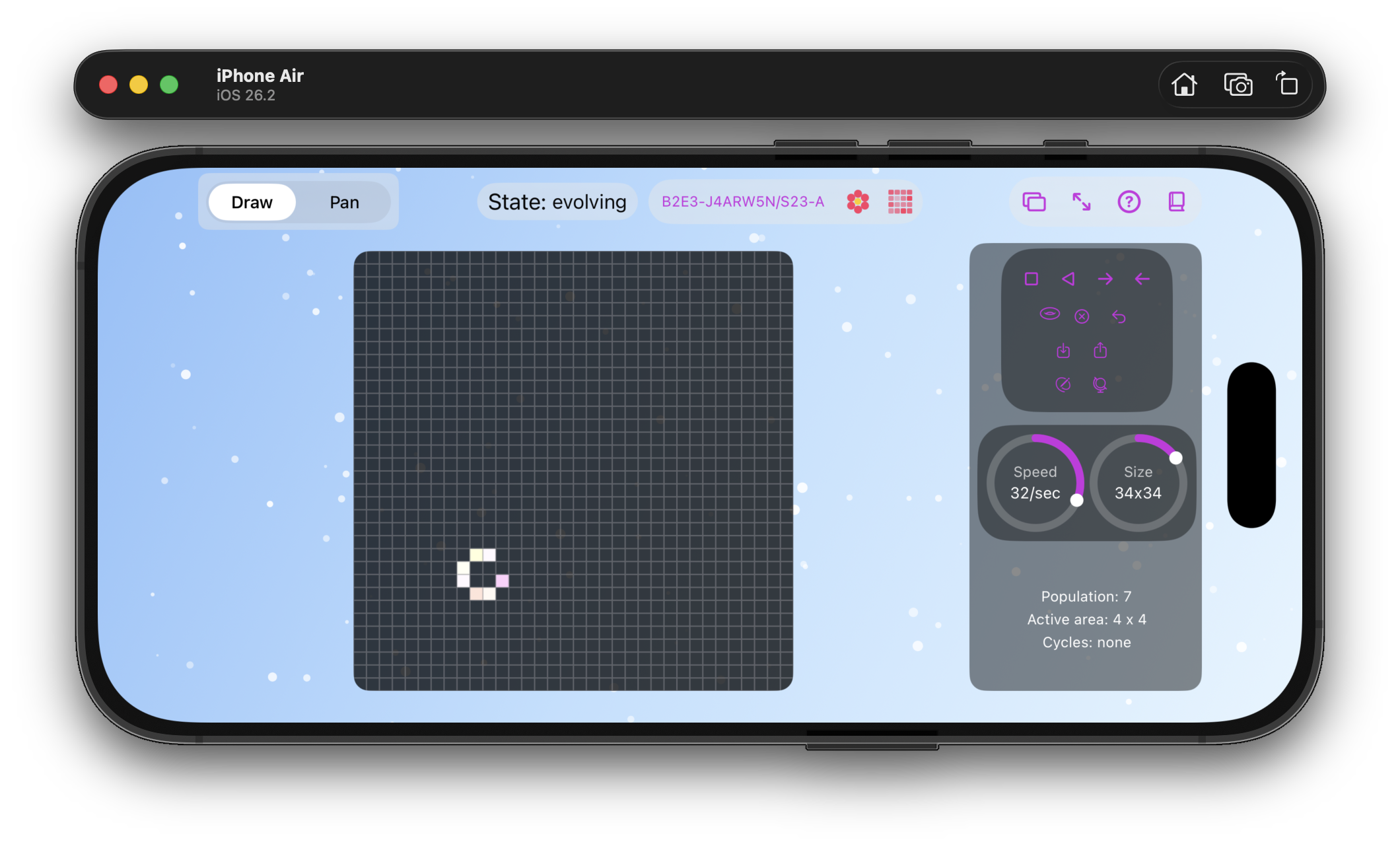iPhone simulator with the app Stone of Life in landscape mode