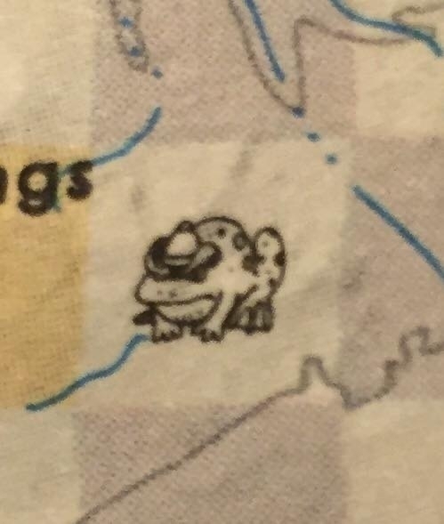 Line art of a frog wearing a sombrero on a topo map