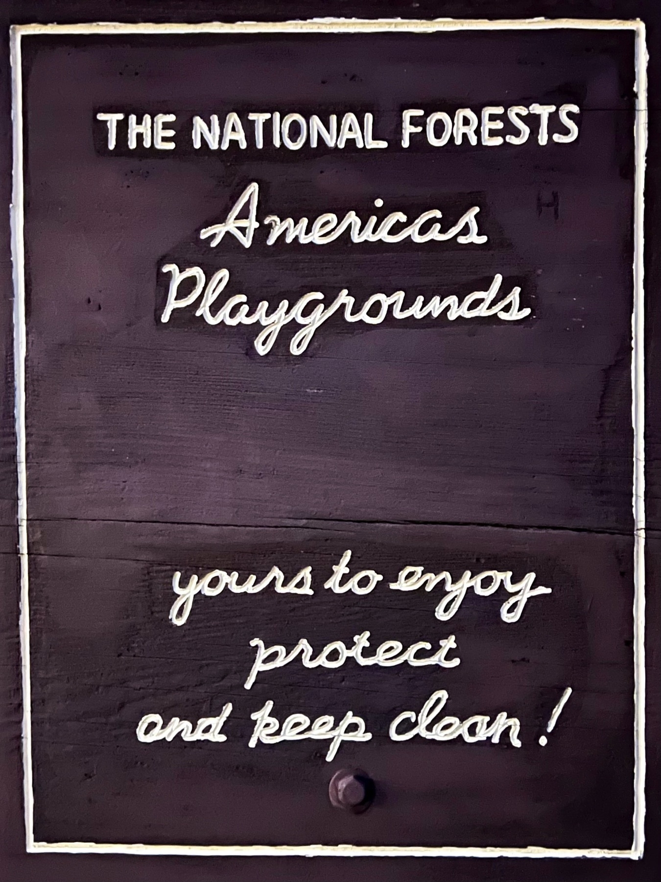 SIgn that reads:THE NATIONAL FORESTS&10;Americas&10;Playgrounds&10;yours to enjoy protect&10;and keep clean!