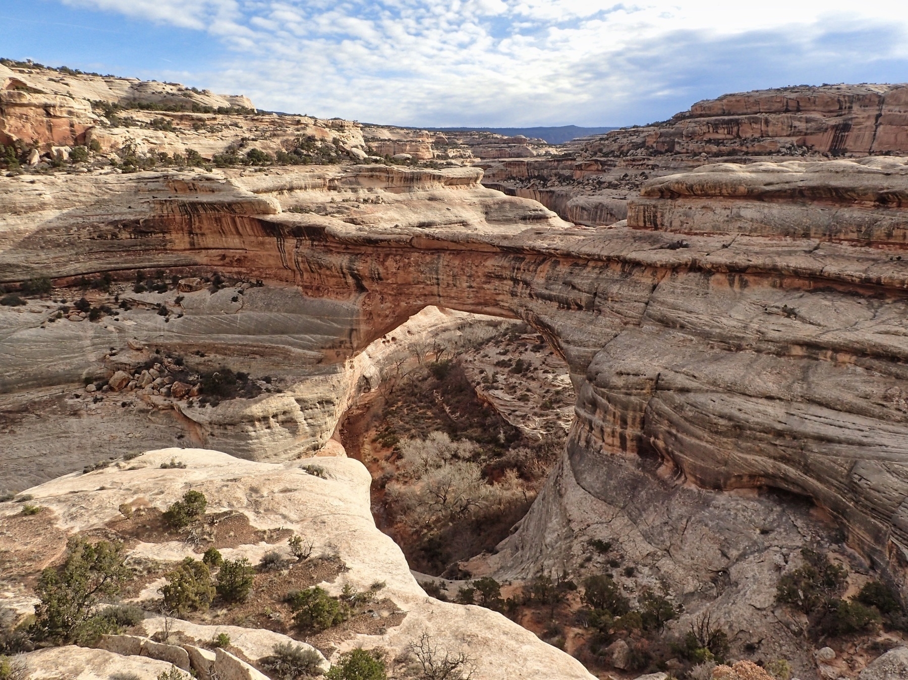 Sandstoen natural bridge is camoflauged against simialrly colored sandstone formations.