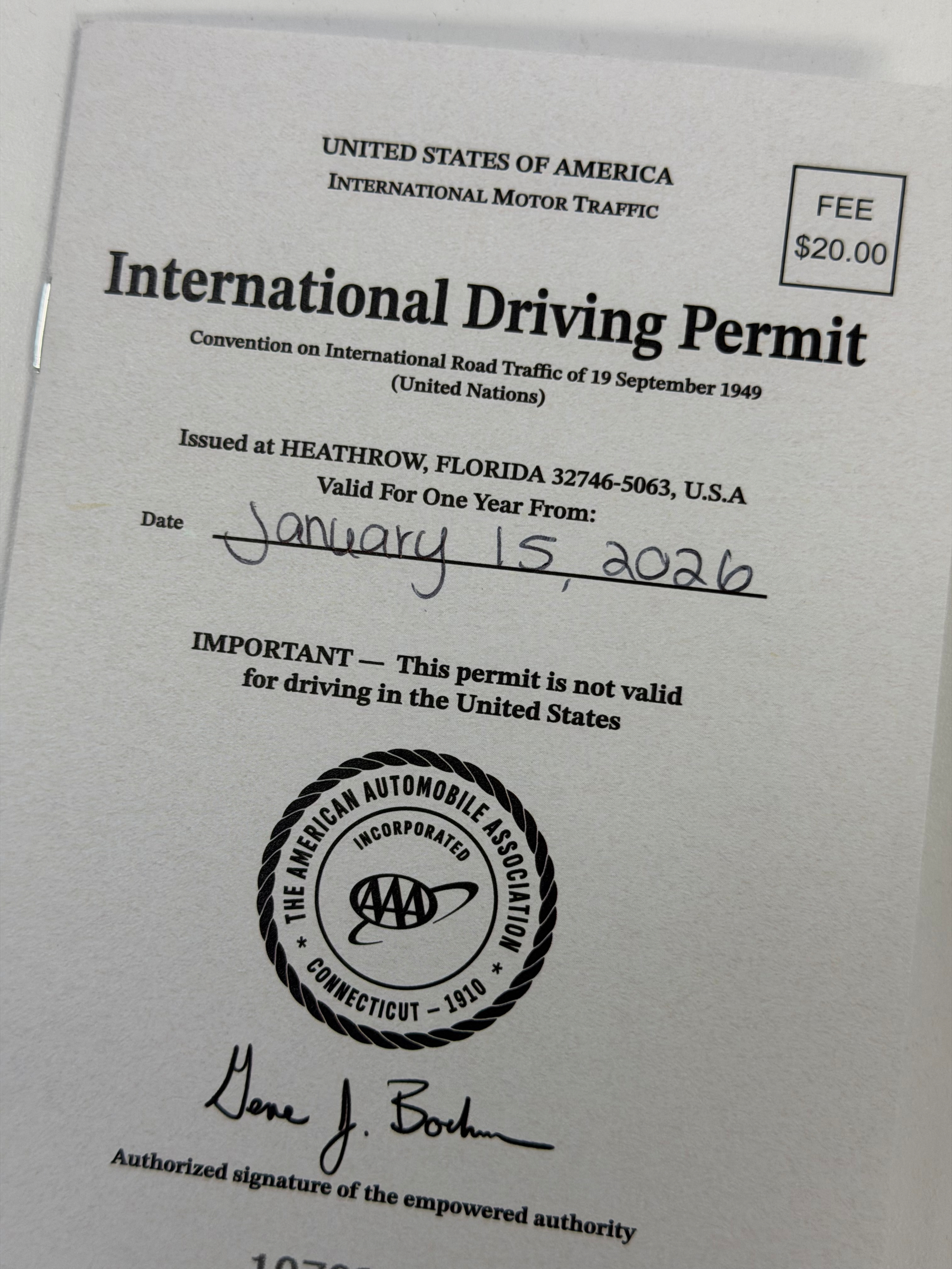 An International Driving Permit issued in the USA is valid until January 15, 2026, and includes a note that it is not valid for driving in the United States.