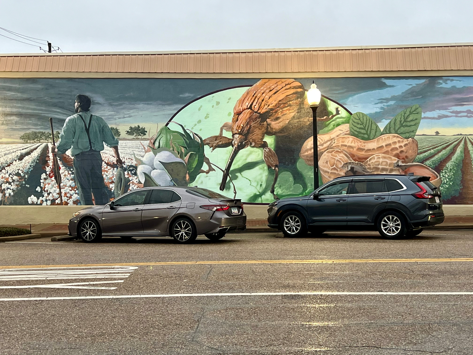 A mural depicting an agricultural scene with a farmer, crops, and large peanuts serves as the backdrop for two parked cars on a street.