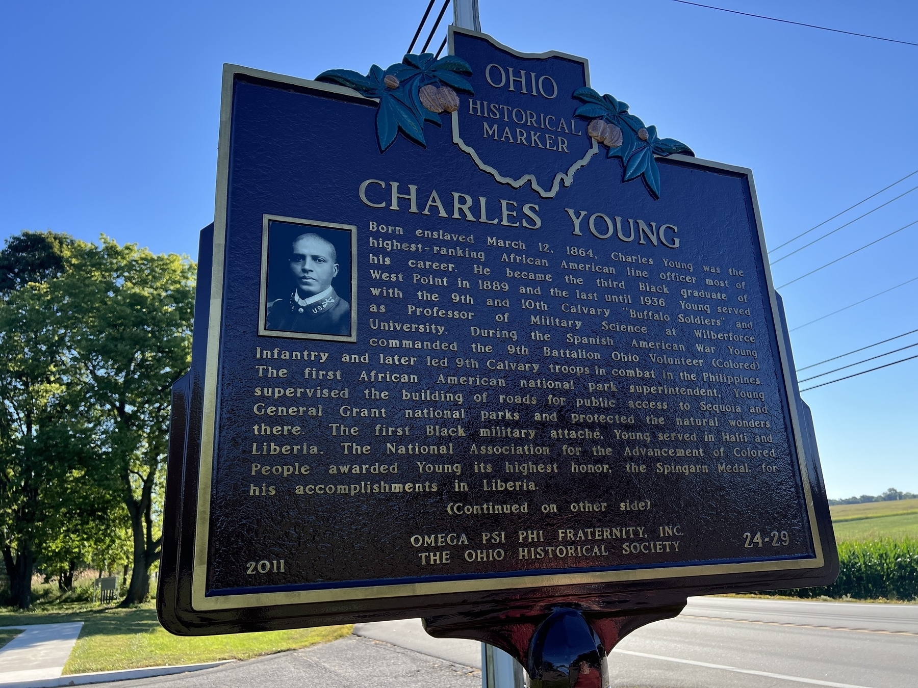 A historical marker commemorates Charles Young, highlighting his achievements and contributions to military service and civil rights.