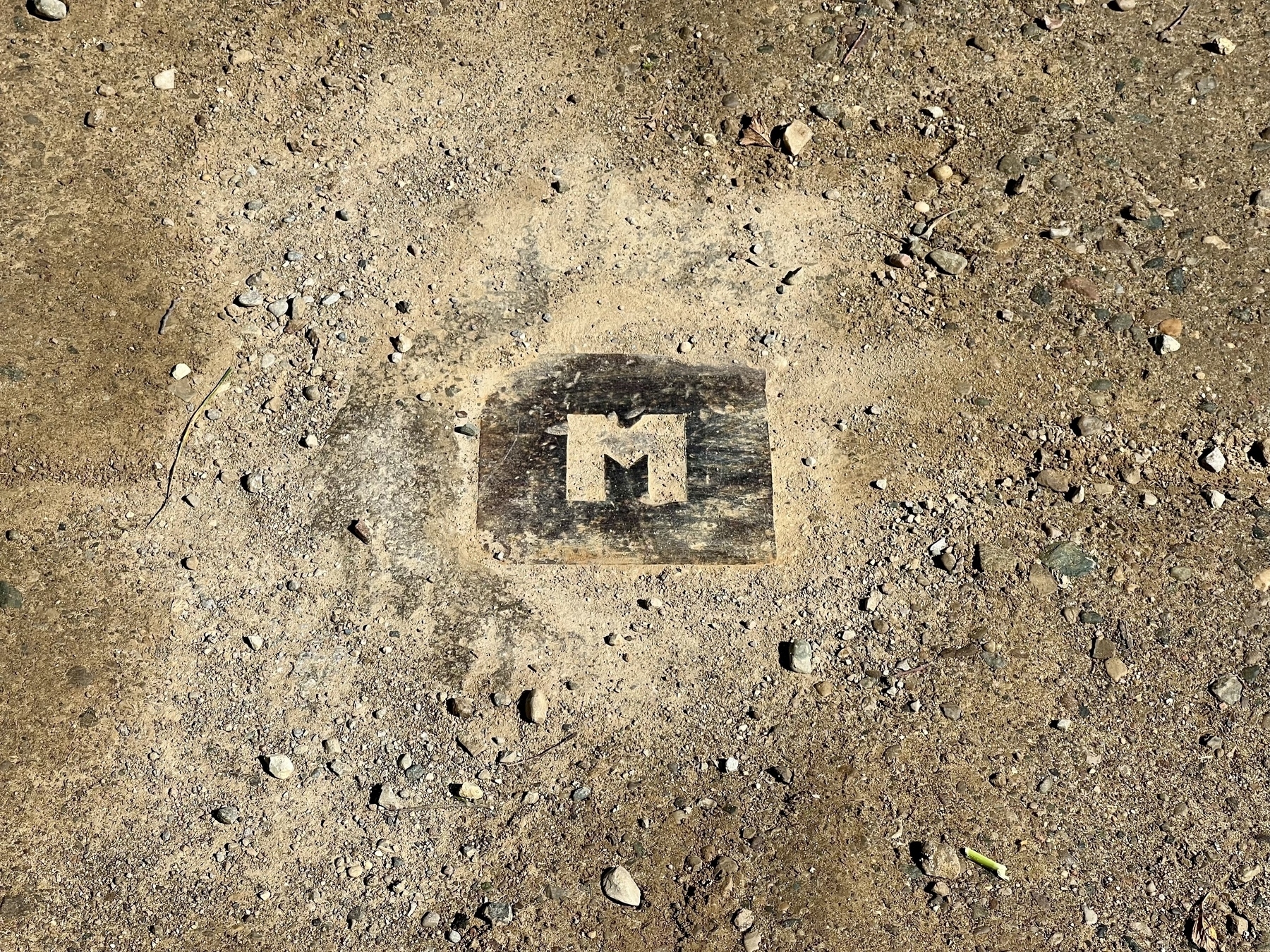 A weathered wooden block with the letter "M" is embedded in a sandy, gravelly surface.