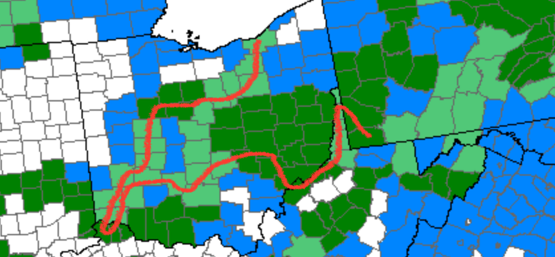 A map of OH and PA highlights regions in different colors, with a red line demarcating a specific path.