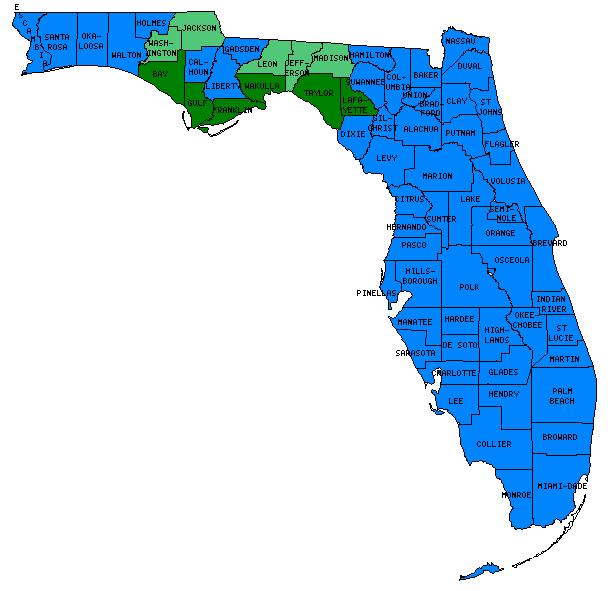 A color-coded map of Florida highlights certain counties in green and others in blue.