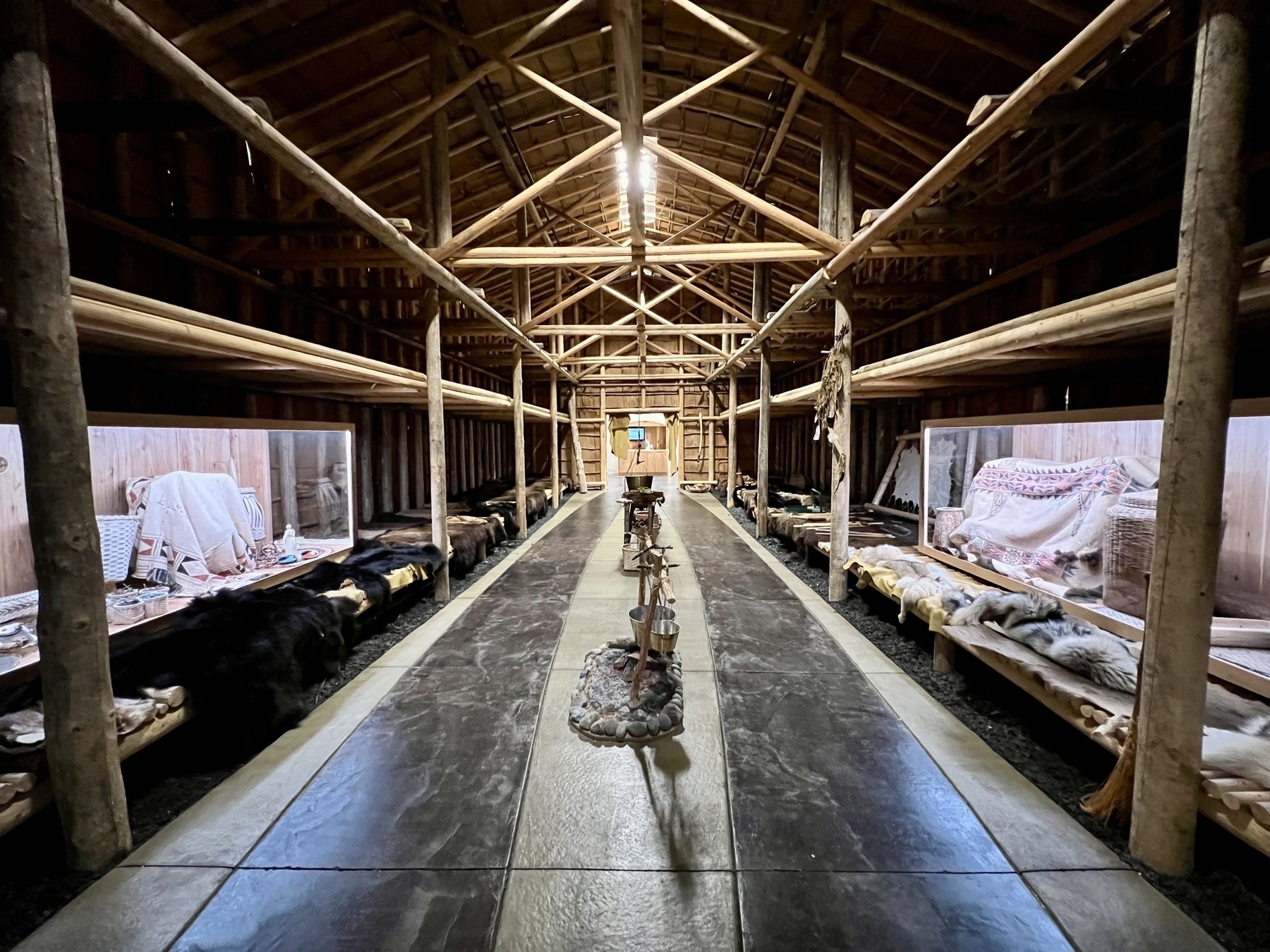A longhouse interior features wooden beams, animal skins, and a central pathway leading to a distant figure.