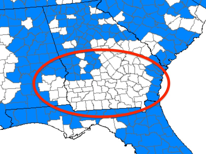 map of southern half of the state of Georgia