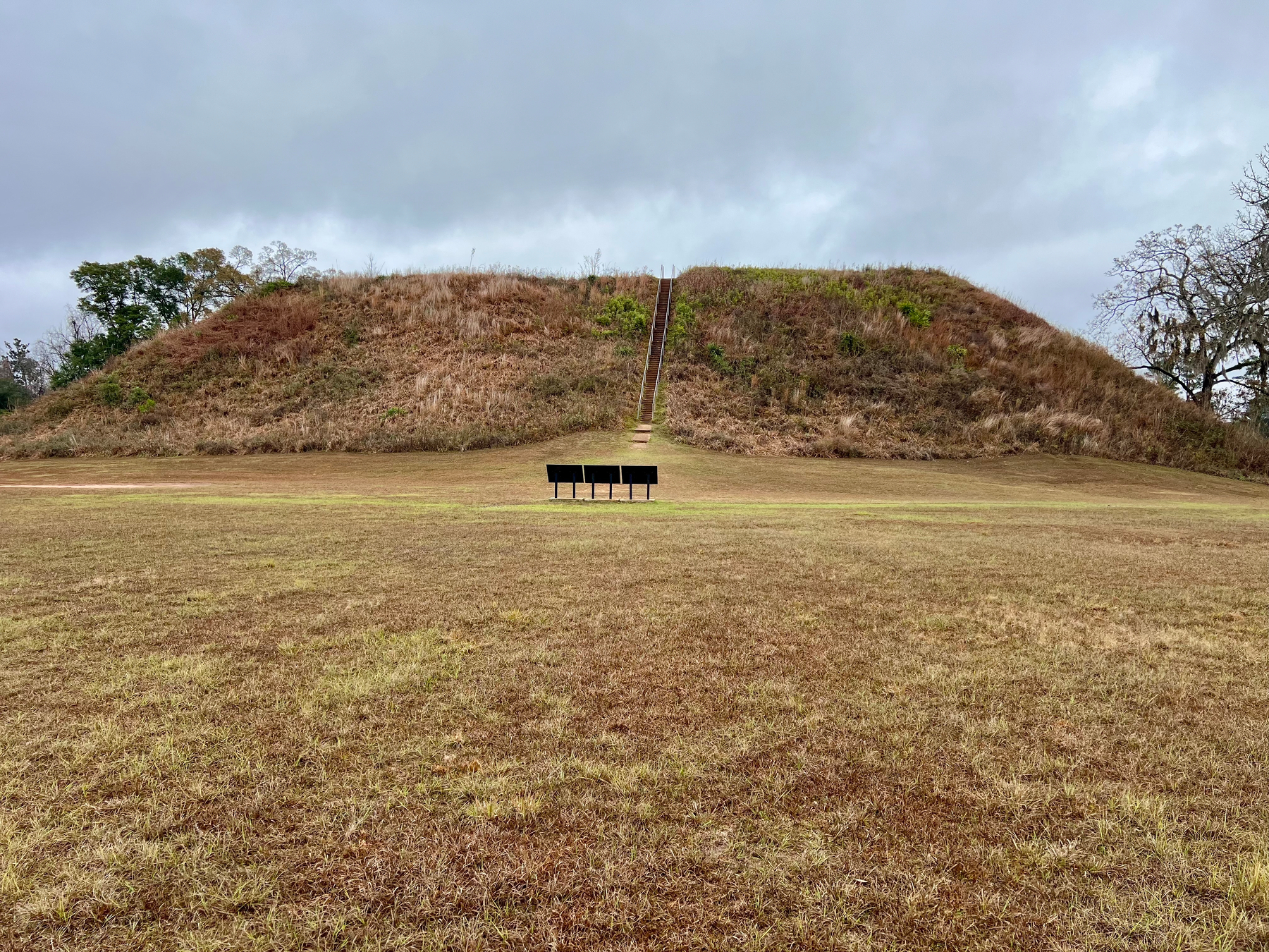 A historical marker provides information about the Kolomoki Mounds Archaeological Area in Georgia.