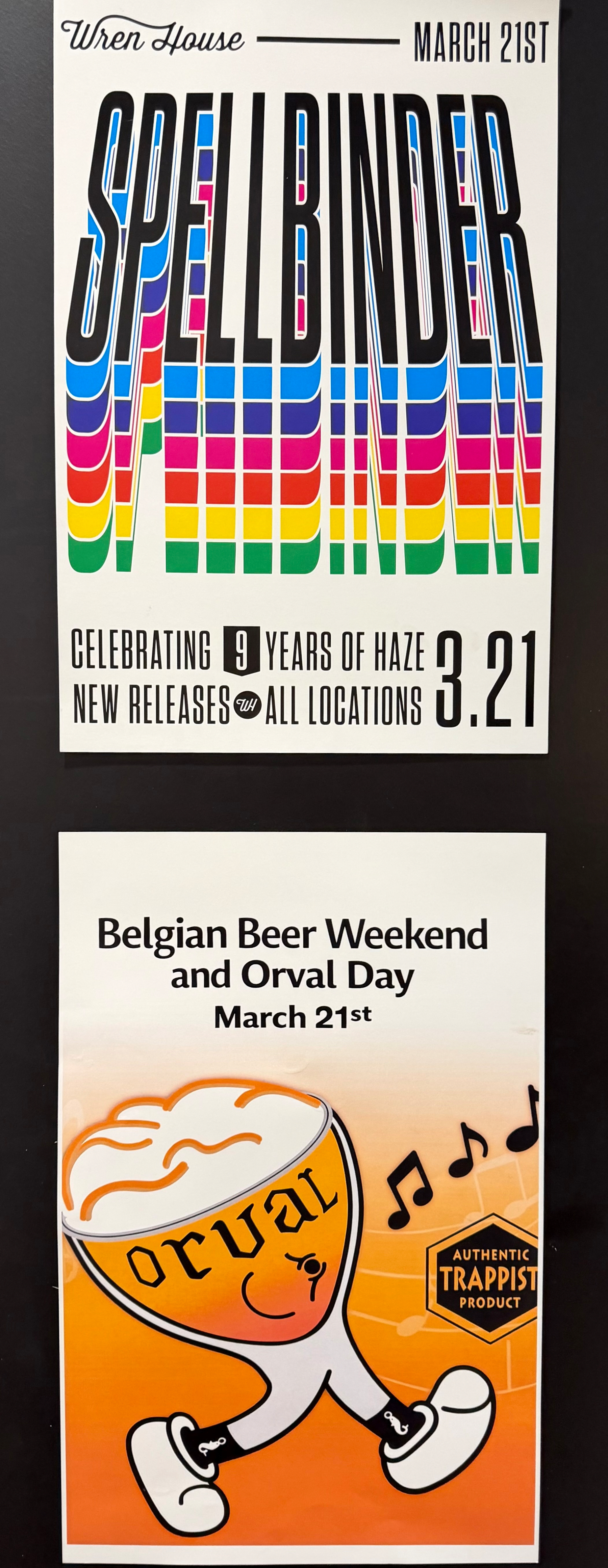 Two posters advertise events on March 21st: one for Spellbinder beer releases and another for Belgian Beer Weekend and Orval Day.