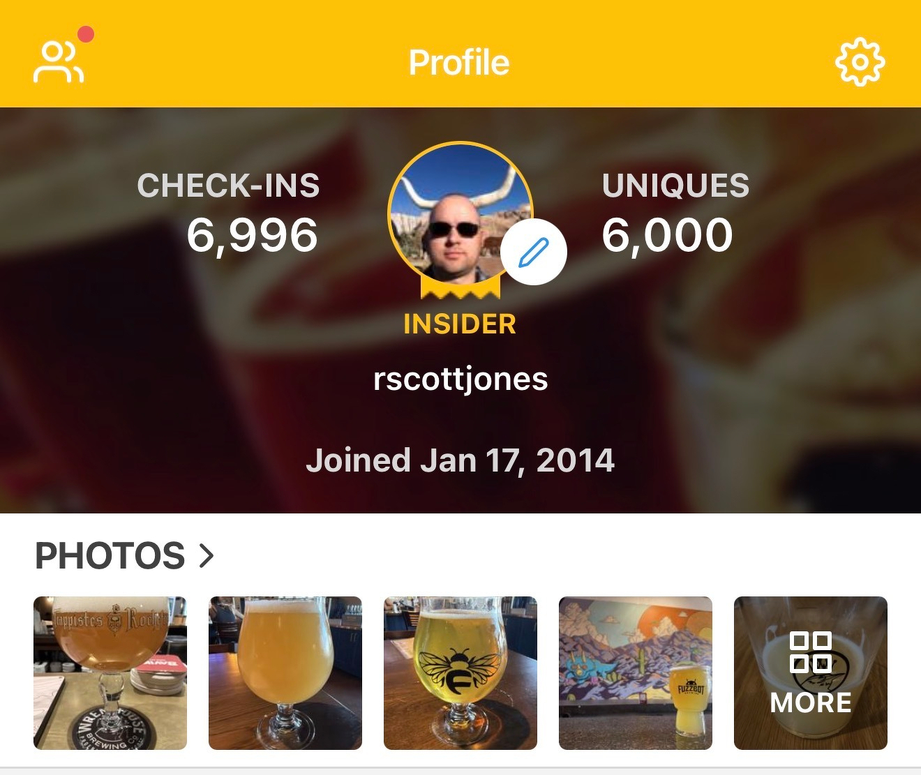 A profile page from a beer-related app shows a user with 6,996 check-ins, 6,000 unique entries, and several images of beer.