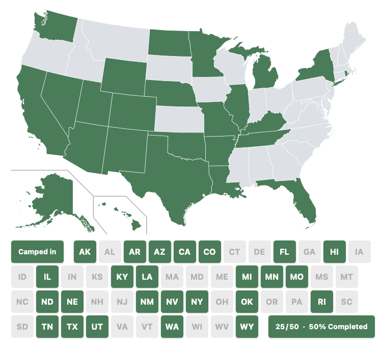 Auto-generated description: A map of the United States highlights the states where camping has been completed, marking 25 out of 50 states in green.