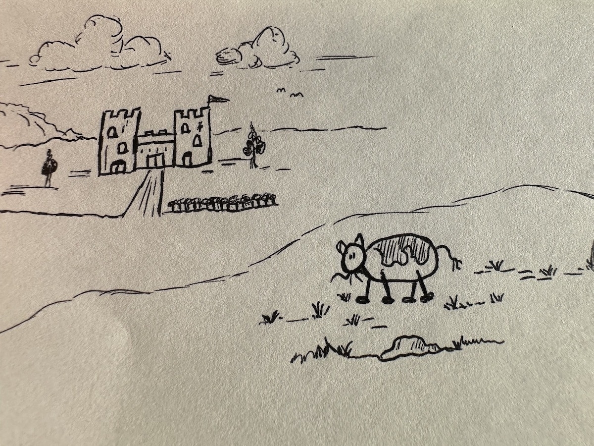 doodle of a cow in the field in front of a distant castle