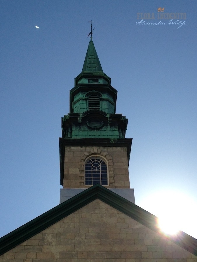 sun flare behind the spire of st andrew's church