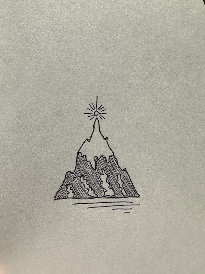 pen sketch of a Swiss mountain covered in snow