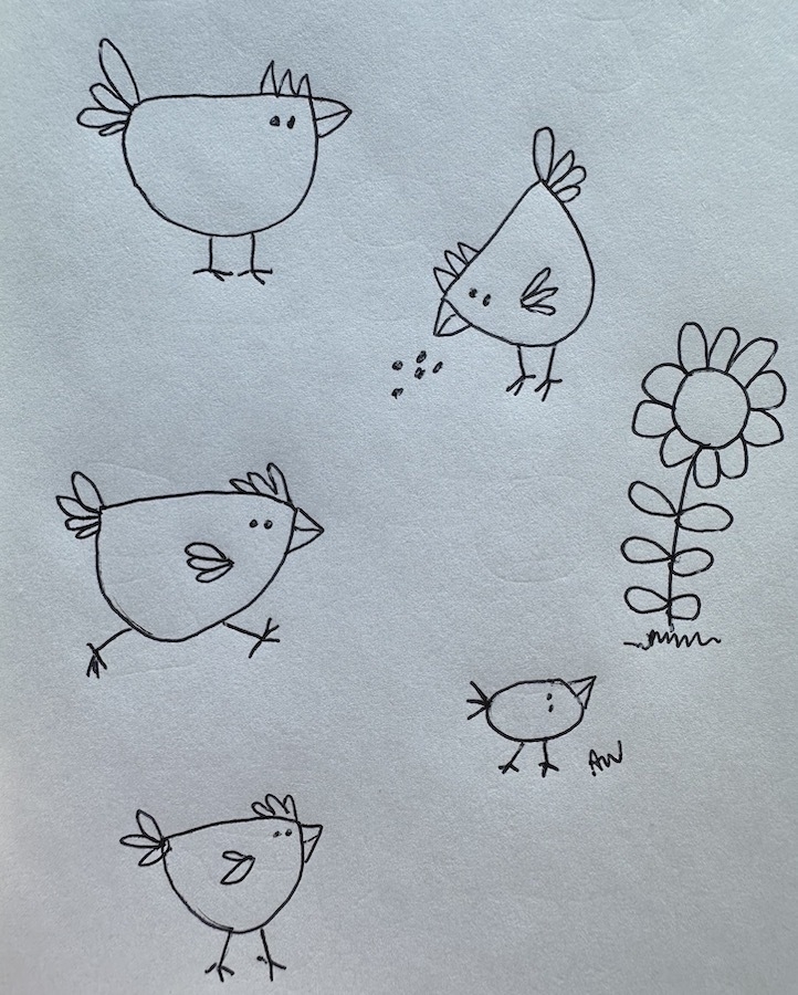 pen drawing of a number of comical chickens