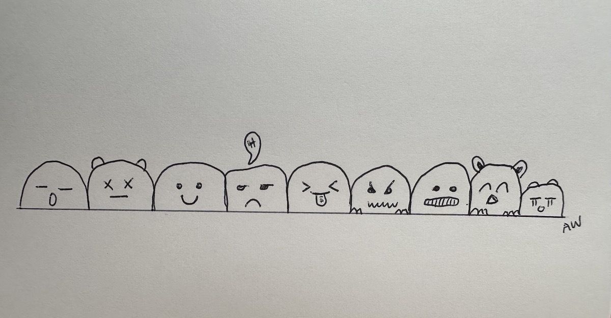 doodle drawing of characterful peas in a pod