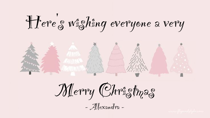A festive greeting card with various pastel-colored Christmas trees and the text Here's wishing everyone a very Merry Christmas - Alexandra.