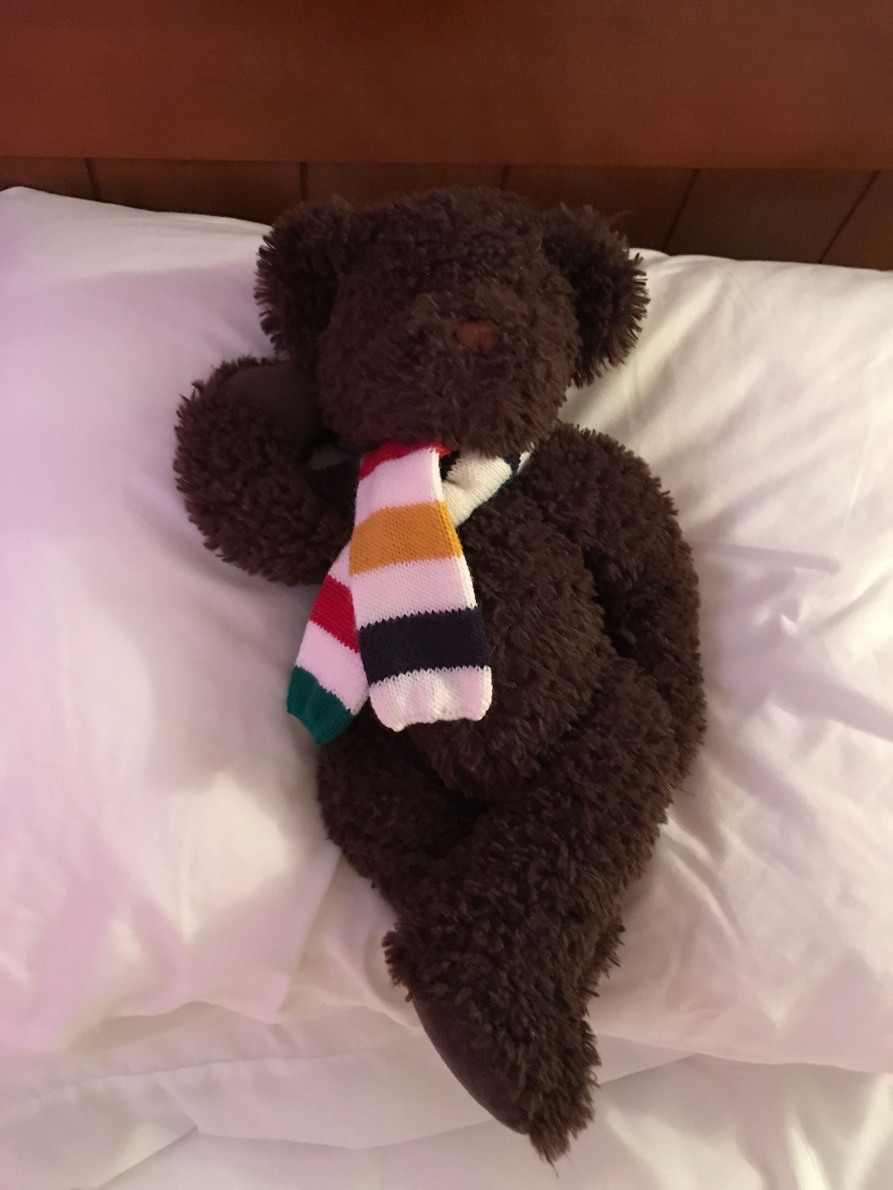 a plush brown bear lies atop a white pillow on the bed